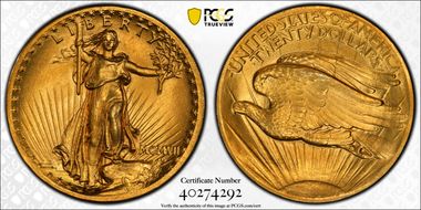 1907 $20 High Relief, Flat Edge MS65