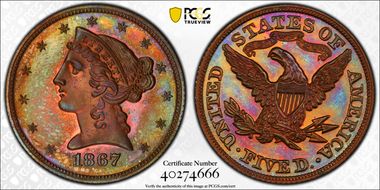 1867 $5 J-599 PR66RB