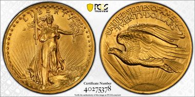 1907 $20 High Relief, Flat Edge MS64