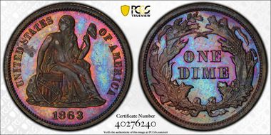 1863 10C J-333 PR65BN