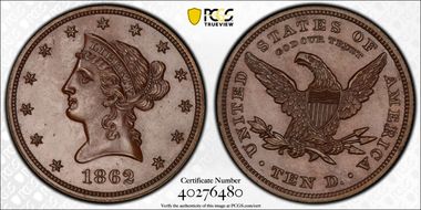 1862 $10 J-298 PR65+ BN