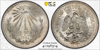1934-M Peso KM-455 Ag MS65