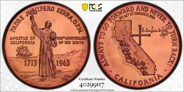 1963 AE Medal D1963-2d Bronze Padre Serra 250th Anniv MS67PL