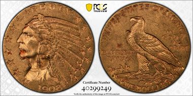 1908-S $5 MS62