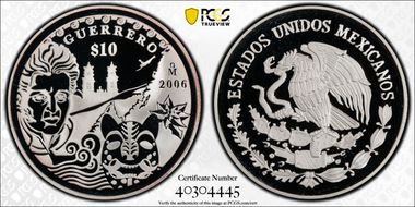 2006-Mo 10 Peso Guerrero KM-790  Ag PR69DCAM