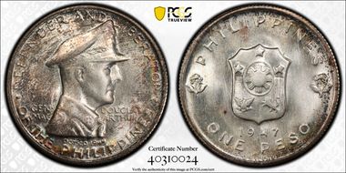 1947-S Peso Douglas MacArthur KM-185  Ag MS65