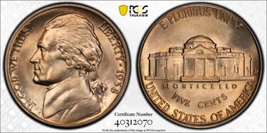 1938-D 5C Jefferson MS67+ FS