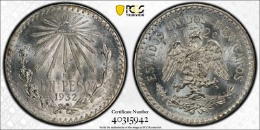 1932-M Peso KM-455  Ag Closed 9 MS65