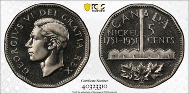 1951 5C Nickel Bicentennial SP66