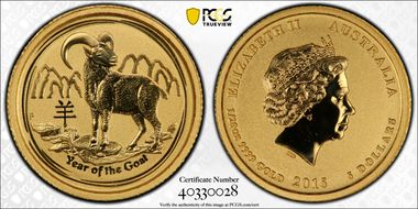 2015-P $5 Year of the Goat  1/20oz Au MS70