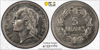 1937 5 Fr Gad-760 AU58