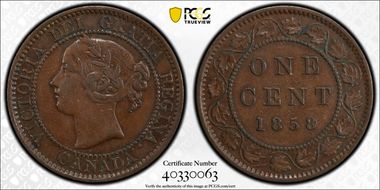 1858 1C ↑↑ Bronze, Broken Vine XF45BN