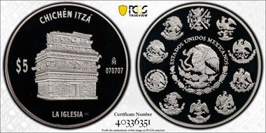 (2011)-Mo 5 Peso Chichen Itza KM-947 La Iglesia PR69DCAM
