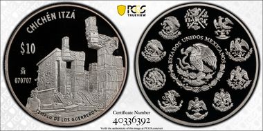 (2011)-Mo 10 Peso Chichen Itza KM-948 Templo de los Guerreros PR69DCAM