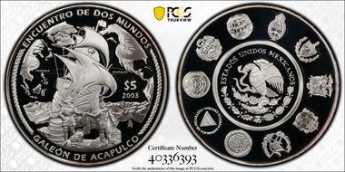 2003-Mo 5 Peso Galeon de Acapulco KM-678  Ag PR69DCAM