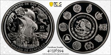 2003-Mo 5 Peso Galeon de Acapulco KM-678  Ag PR69DCAM