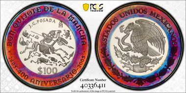 2005-Mo 100 P 400th Ann Don Quijote KM-705  Ag / Ai-Brass PL69