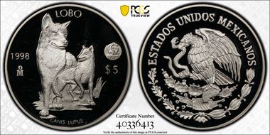 1998-Mo 5 Peso World Wildlife Fund - Lobo PR65DCAM