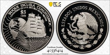 1999-Mo 5 Peso Navy School Centennial Cuauhtemoc KM-635 Ag PR69DCAM