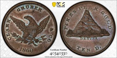 1860 $10 Clark Gruber, Copper DT MS62BN