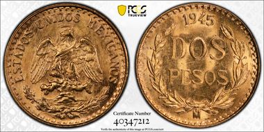 1945-Mo 2 Peso KM-461  Au MS65