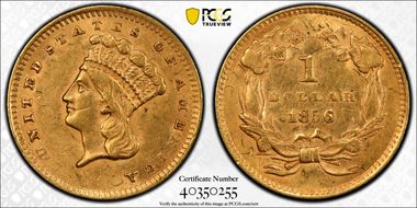 1856 G$1 Upright 5 AU55