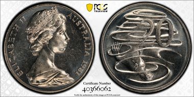 1981 20C 3 1/2 Claw Scalloped Letters Obverse MS65