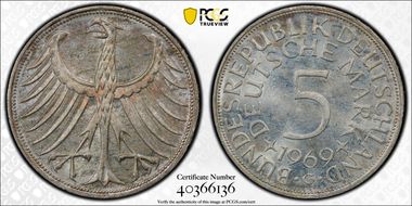 1969-G 5 Mk Regular Issue J-387 MS64