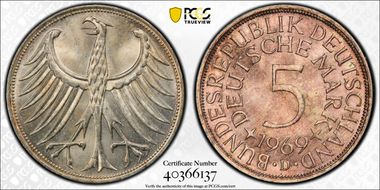 1969-D 5 Mk Regular Issue J-387 MS65