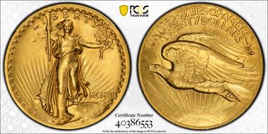 1907 $20 High Relief, Flat Edge MS62