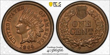 1864 1C Copper-Nickel AU58