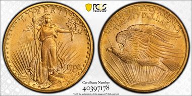 1908 $20 No Motto MS65+ 