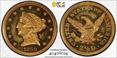 1859 $2.50 Old Rev. PR62CAM