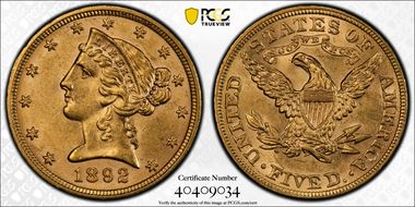1892 $5 MS62