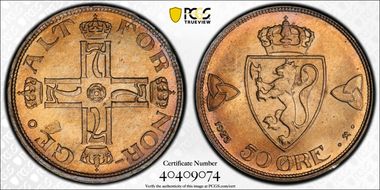 1923 50 Øre KM-379 w/o Hole MS65