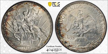 1910 Peso Caballito KM-453  Ag AU58
