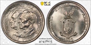 1936-M Peso Roosevelt-Quezon KM-177  Ag MS66