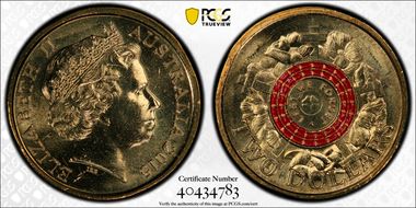 2015 $2 Lest We Forget Colorized Poppy Counterstamp MS65