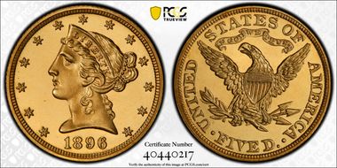 1896 $5 PR66DCAM