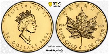 1994 $50 Maple Leaf/Au MS68