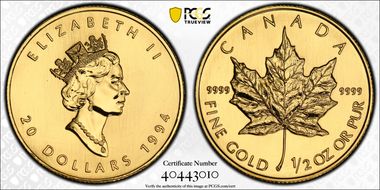 1994 $20 Maple Leaf/Au MS69