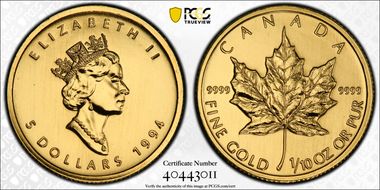 1994 $5 Maple Leaf/Au MS69