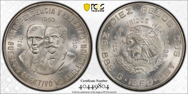 1960-Mo 10 Peso 150th Anniversary KM-476  Ag MS66+