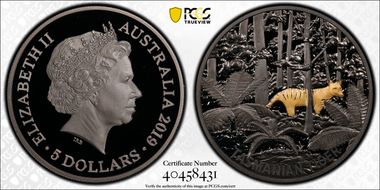 2019 $5 Tasmanian Tiger Echoes of Australian Fauna PR70DCAM