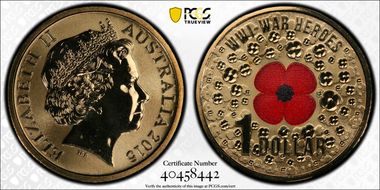 2015 $1 WWI War Heroes-Red Poppy Colorized MS68