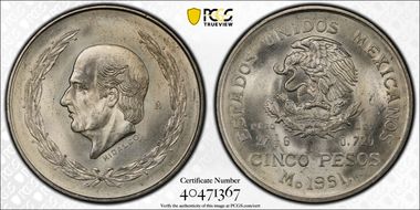 1951-Mo 5 Peso Hildago KM-467  Ag MS66