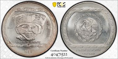 1993-Mo 5 Peso Carita Sonriente KM-584 Ag MS67