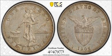 1905-S Peso Allen-16.06a Straight Serif AU55