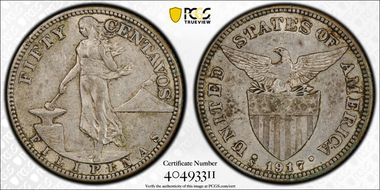 1917-S 50C Allen-14.06a Broken 7 AU50