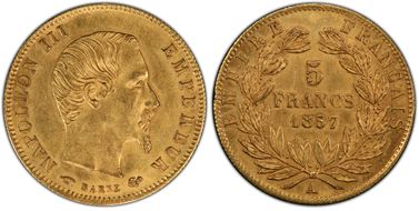 1857-A 5 Fr Gad-1001 Or MS62